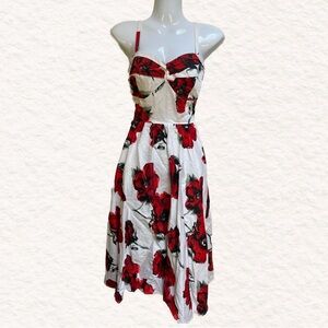 Stop Staring White Midi Dress with Red Floral Print and Black Leaf Accents